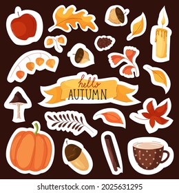 Autumn elements and stickers with lettering, leaves and badges designs in flat style. Pumpkin, cup, mushrooms and ribbon with the inscription Hello Autumn. Vector stock illustration