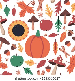 Autumn elements vector cartoon seamless pattern on a white background.