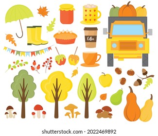 Autumn elements vector hand drawn set. Fall season elements perfect for scrapbook, card, poster, invitation, sticker kit. Fall inscription collection isolated on white. Big fall autumn bundle.