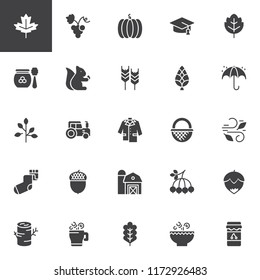 Autumn Elements vector icons set, modern solid symbol collection, filled style pictogram pack. Signs, logo illustration. Set includes icons as Maple leaf, Pumpkin, Honey, Squirrel, Wheat, Umbrella