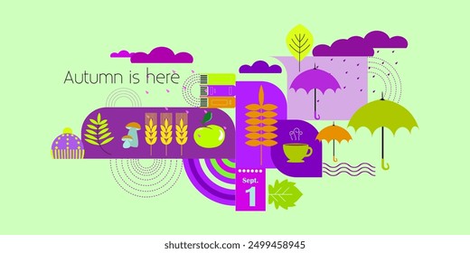 Autumn elements vector illustration. Season emblem. Abstract composition. Autumn is here card,print or poster.