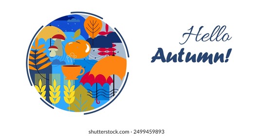 Autumn elements vector illustration. Season emblem. Abstract circle composition. Hello autumn card, print or poster.