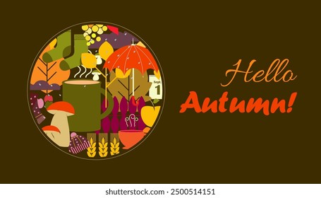 Autumn elements vector illustration. Season emblem. Abstract circle composition. Hello autumn card, print or poster.