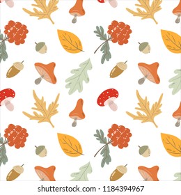 Autumn elements vector seamless pattern with mushrooms, autumn leaves, rowan and accorns