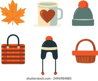 Autumn Elements Vector Set with hat, leaf and tea cup