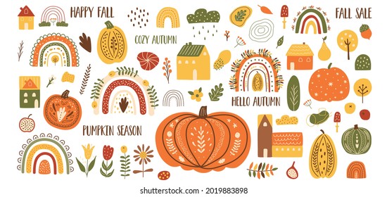 Autumn elements vector set. Autumn rainbows, pumpkins, houses. Fall clipart, harvest set, fall season elements