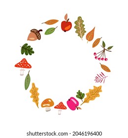 Autumn elements in warm colors comprising a wreath with leaves, mushrooms, acorns. Vector design for autumn card, poster, logo, print, etc. 