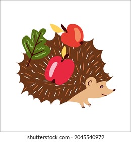 Elementos otoñales en colores cálidos con un erizo cargando manzanas. Diseño de vectores para tarjeta de otoño, afiche, logotipo, impresión, etc. 