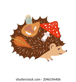 Autumn elements in warm colors with a hedgehog carrying mushrooms. Vector design for autumn card, poster, logo, print, etc. 