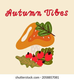 Autumn elements in warm colors with a mushroom. Vector design for autumn card, poster, logo, print, etc. 