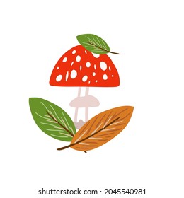 Autumn elements in warm colors with mushrooms. Vector design for autumn card, poster, logo, print, etc. 
