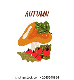 Autumn elements in warm colors with mushrooms. Vector design for autumn card, poster, logo, print, etc. 