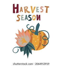 Autumn elements in warm colors with pumpkin and lettering. Vector design for autumn card, poster, logo, print, etc. 