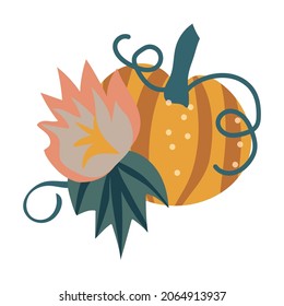 Autumn elements in warm colors with pumpkin and lettering. Vector design for autumn card, poster, logo, print, etc. 