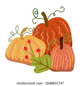 Autumn elements in warm colors with pumpkins. Vector design for autumn card, poster, logo, print, etc. 