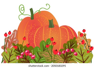 Autumn elements in warm colors with pumpkins. Vector design for autumn card, poster, logo, print, etc. 