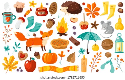 Autumn elements. Yellow falling leaves, plants, animals and food, harvest festival and thanksgiving day attributes for card or poster, flat vector cartoon isolated set