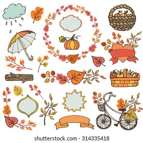 Autumn elements.Colored Leaves ,tree branches,bike,ribbons and labels,badges shapes,umbrella, basket with harvest.Hand drawing doodle thanksgiving set.Plant decorations,fall vector illustration.