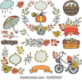 Autumn elements.Colored Leaves ,tree branches,bike,ribbons and labels,badges shapes,umbrella, basket with harvest,thanksgiving set.Hand drawing doodles.Plant decorations,fall vector illustration.