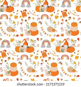 Autumn elfs wearing hats with pumpkins harvest vector illustration as symbol of autumn holidays. Cute fall paintings set