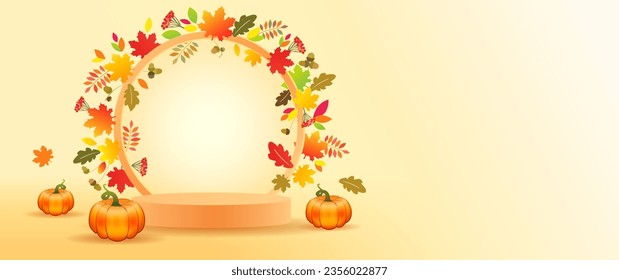 Autumn empty minimal display podium pedestal decoration background with colored autumn leaves. Vector background template for fall banner design