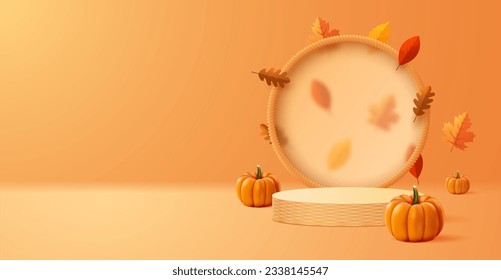 Autumn empty podium with transparent frosted display, autumn leaves and pumpkins. Vector illustration.