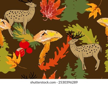 Autumn Enchanted Forest mystic seamless pattern with Watercolor Mushrooms and Maple leaves. Hand drawn background.