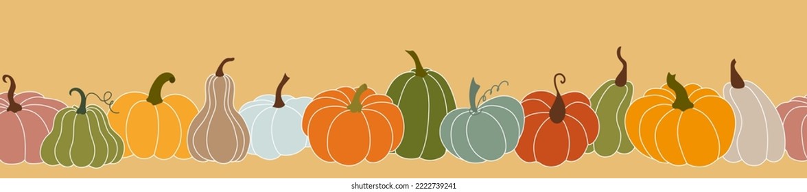 Borde interminable otoñal con calabazas coloridas sobre un fondo amarillo. Ilustración hecha a mano para textiles, embalaje, papel. Fondo vectorial impecable. Patrón de repetición sin problemas.