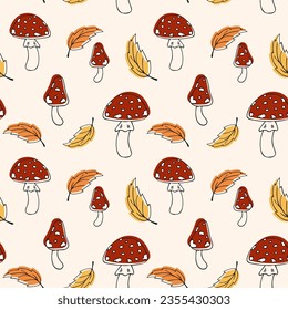 Autumn endless pattern with fly agarics and falling leaves. Doodle linear illustration with fall elements. Forest natural mushroom background