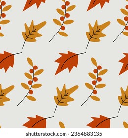 Autumn endless pattern with leaves and twigs with seasonal berries in trendy cozy shades. Vector