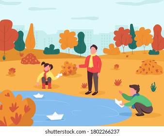 Autumn entertainment for kids semi flat vector illustration. Children play with paper folded boats. Boy and girl near puddle with toy ship. Preschoolers 2D cartoon characters for commercial use