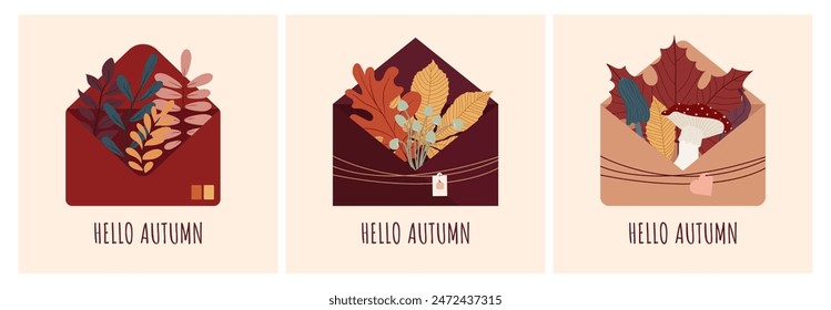 Autumn Envelope Cards with Seasonal Foliage and Mushrooms