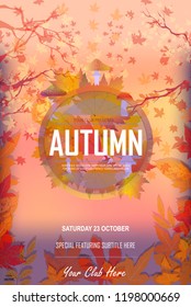 Autumn EPS 10 background with red, orange, brown and yellow falling autumn leaves. Vector autumn party poster , yellow autumn maple leaves, mushrooms, doodle branches, banner on watercolor background.