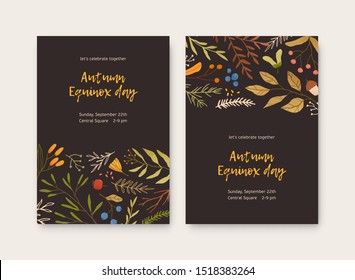 Autumn Equinox Day invitation poster flat vector templates. Japanese holiday botanical banner layouts. Leaves and branches with place for text. Fall season September event background designs.