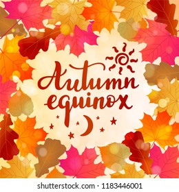 Autumn equinox -- handwritten lettering quote symbolizing equal duration of daytime and nighttime. Vector flat illustration.