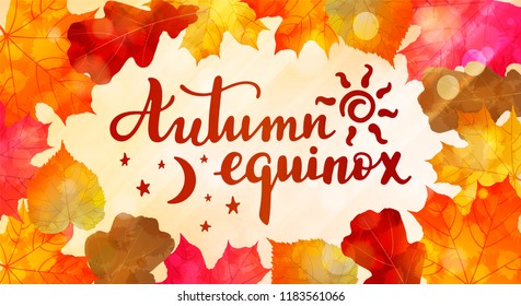 Autumn equinox -- handwritten lettering quote symbolizing equal duration of daytime and nighttime. Vector flat illustration.