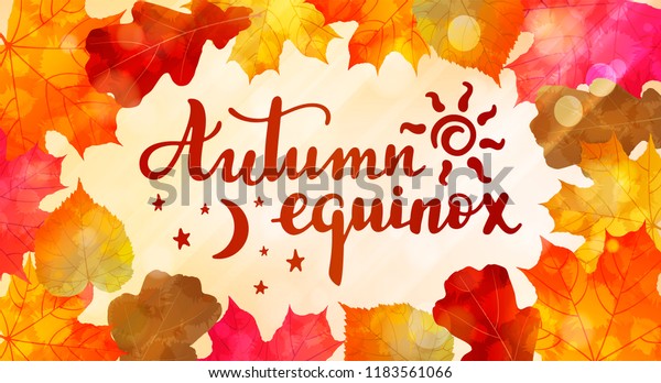 Autumn equinox -- handwritten lettering\
quote symbolizing equal duration of daytime and nighttime. Vector\
flat illustration.
