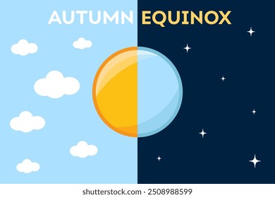 Equinócio de outono. Sol e lua, dia e noite iguais.  Início do outono, nuvens ensolaradas, noite estrelada. Ilustração vetorial moderna com texto.