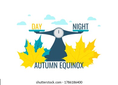 Autumn equinox vector illustration. Concept design with scales justice with balance words day and night, symbolized equal daytime and nighttime.