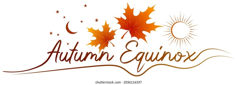 Autumn equinox vector illustration. September 22. Concept design with maple leaves in darker and lighter color. Crescent with stars and sun.