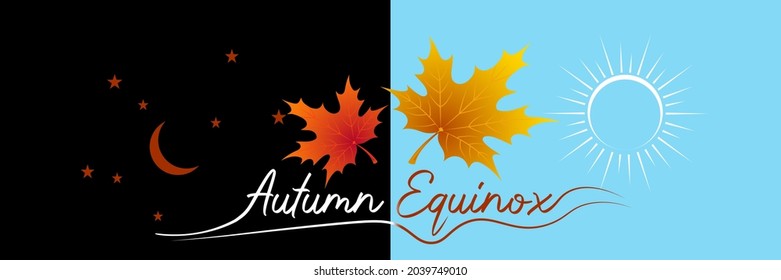 Autumn equinox vector illustration. September 22. Concept design with maple leaves in darker and lighter color. Crescent with stars and sun.