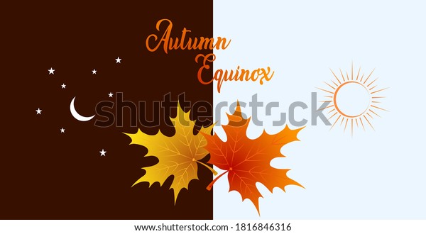 Autumn equinox vector illustration. September 22.\
Concept design with maple leafs in darker and lighter color.\
Crescent with stars and\
sun.