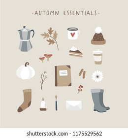 Autumn essentials. Set of cute hand drawn fall food, drink, fashion and lifestyle icons with coffee, leaves, stationery and pumpkin. Thanksgiving design. Isolated vector objects, flat design.