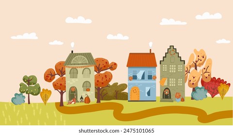 Autumn European village, cityscape vector illustration. Skyline with residential area, house construction, red autumn trees, fields, European cityscape panorama background. Vector cozy illustration.