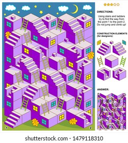 Autumn evening or Halloween themed 3d maze game: Using stairs and ladders try to find the way from the point 1 to the point 2. Do not jump or climb up! Answer included.