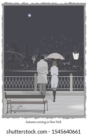 Autumn evening in New York with a guy and a girl. Vector illustration