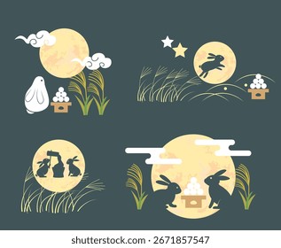 Autumn event of full moon viewing with autumn leaves, rabbits and silver grass