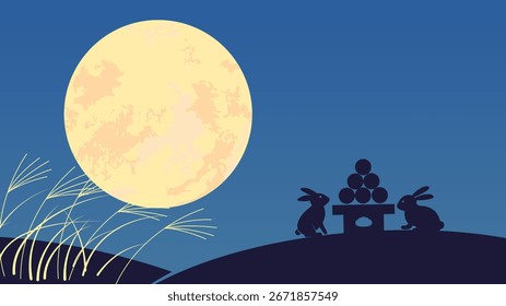 Autumn event of full moon viewing with autumn leaves, rabbits and silver grass