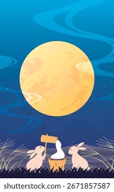 Autumn event of full moon viewing with autumn leaves, rabbits and silver grass