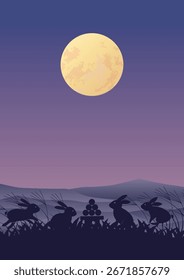 Evento de outono de lua cheia com folhas de outono, coelhos e grama prateada